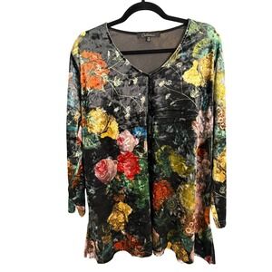 Calessa Tunic Top 1X Bright‎ Floral black Velvet Burnout  Stretch Boho Hippie